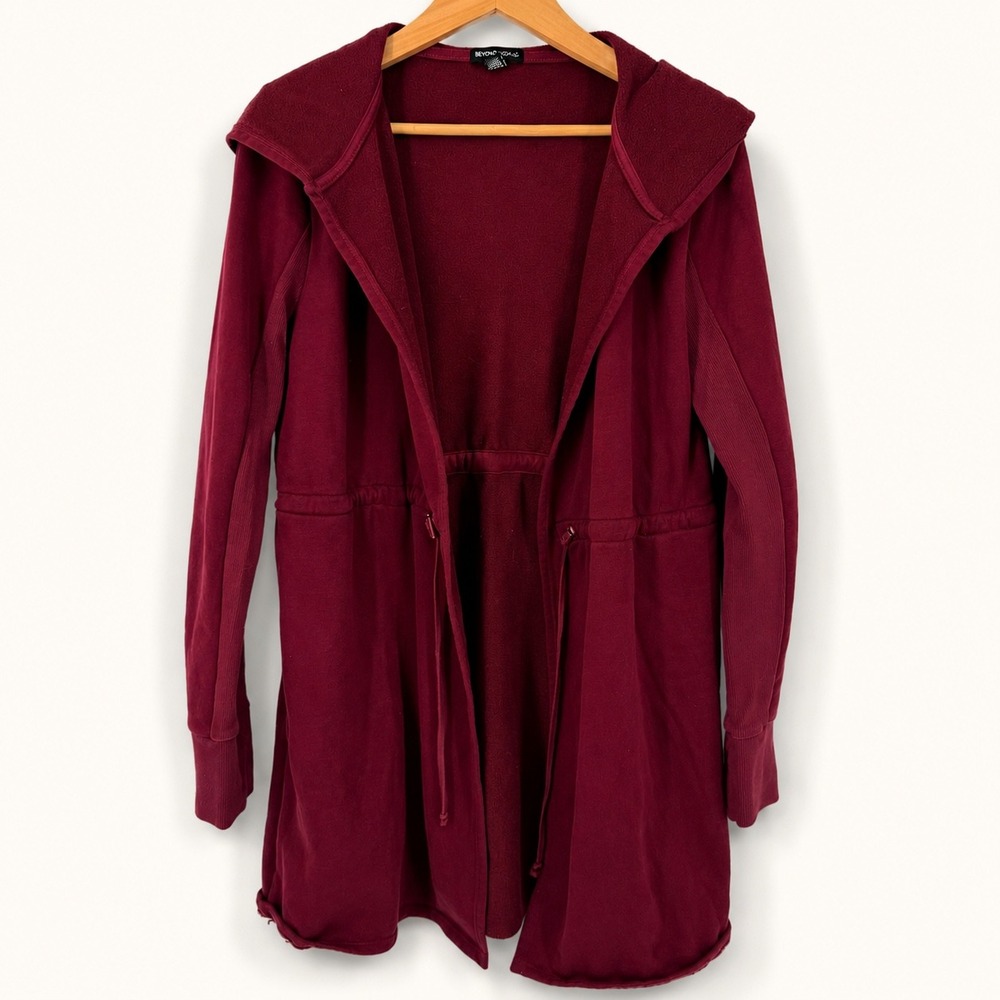 Beyond Yoga Medium On The Go Hooded Open Front Cardigan Jacket Burgundy Pilates